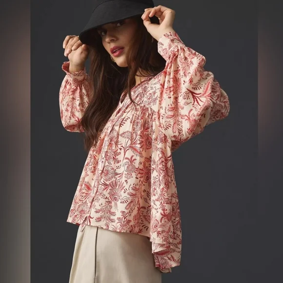 NWOT Anthropologie Tir-front Peasant Red and Cream Blouse - Picture 2 of 9